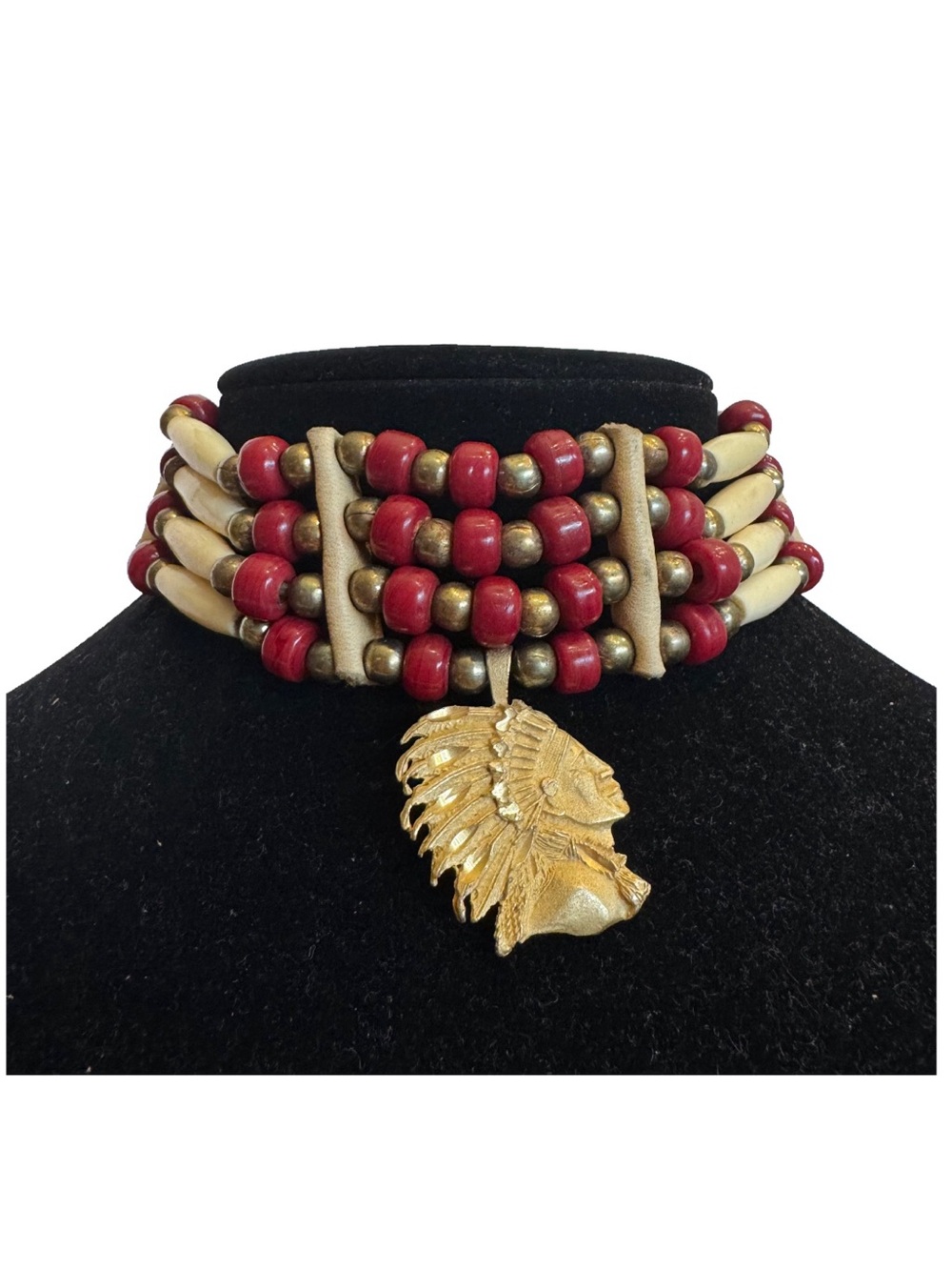 Genuine Native American Leather Buffalo Bone CHOKER Necklace Gold Indian Chief